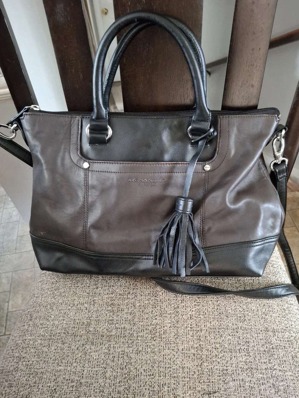 Tignanello Two Tone Convertible Leather Satchel with Crossbody Strap